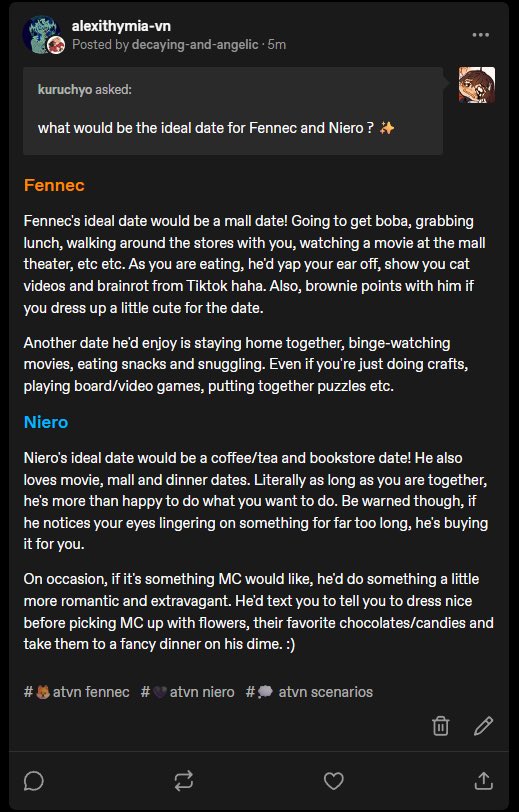 DecayedAngelVNs's tweet photo. Tumblr AMA π¦βοΈ/ππ¦΄
Q: βwhat would be the ideal date for Fennec and Niero ? β¨β
#ATVNFennec #ATVNNiero #ATVN #AlexithymiaVN #ATVNAsks https://t.co/QhpJlnldqn