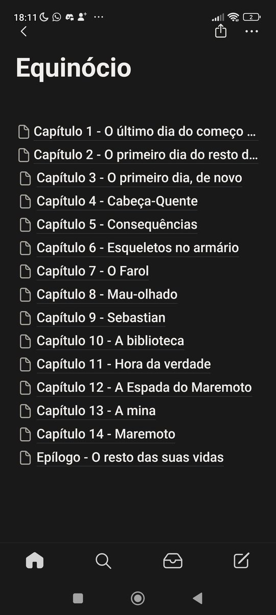 ATENÇÃO A TODOS OS FÃS DE #Equinociorpg 

Eu realmente cedi as vozes na minha cabeça e tô adaptando Equinócio pra um livro. Vai demorar, mas um dia talvez saia.

Tá ai os títulos dos capítulos do livro.