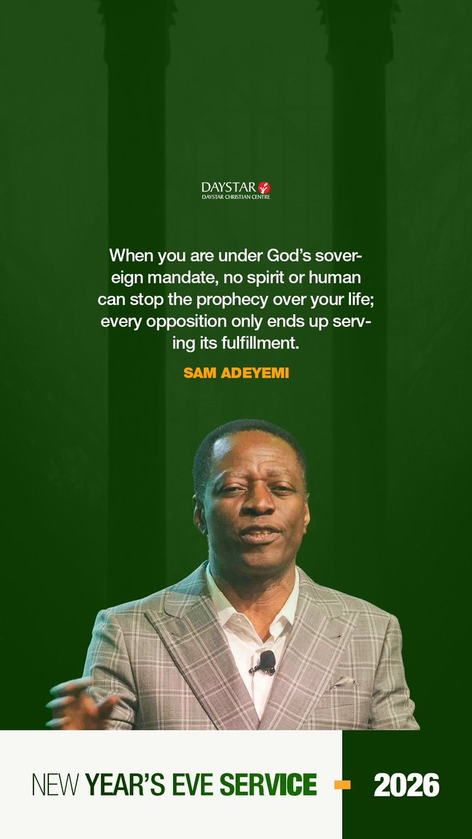 DaystarNG's tweet photo. Under God’s mandate, nothing is wasted. Not opposition. Not delay. Not resistance. 

Everything aligns to fulfill what He has spoken. 2026 begins with clarity, confidence, and conviction.

Watch the full sermon on our YouTube channel- link in bio 

#daystarchristiancentre #raisingrolemodels #manifestation #newyearseve