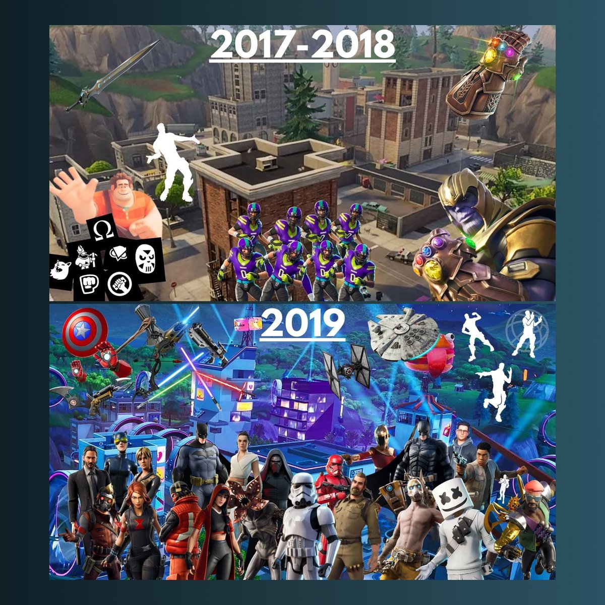 FNGGUpdates's tweet image. These are all the collabs epic has make trough the years

from 2017 to 2025

Which one is your all time favorite collab

And what do you want to see or expect in the 2026 collab list

Posted by u/AlexMercer28900
And credit to @SentinelCentral for the original post