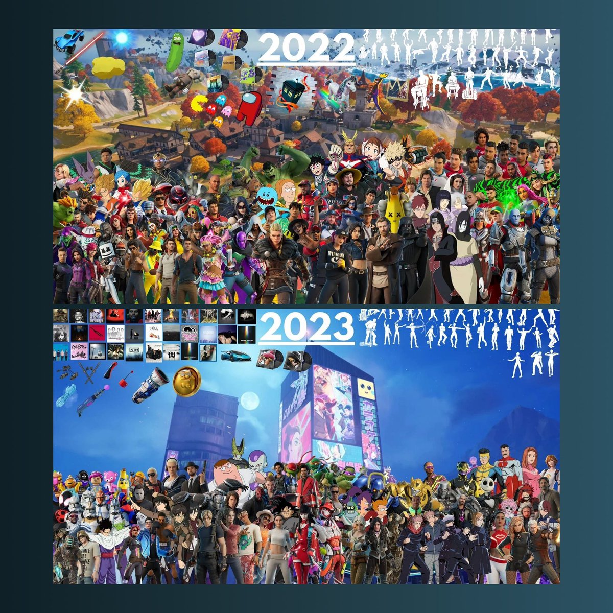 FNGGUpdates's tweet image. These are all the collabs epic has make trough the years

from 2017 to 2025

Which one is your all time favorite collab

And what do you want to see or expect in the 2026 collab list

Posted by u/AlexMercer28900
And credit to @SentinelCentral for the original post