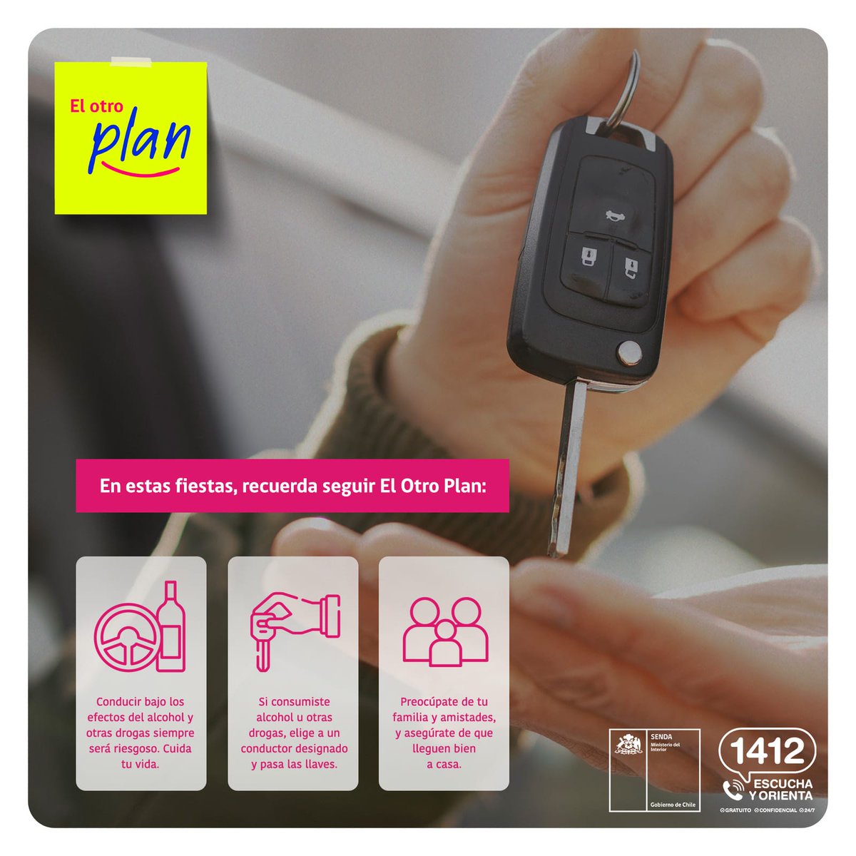 📢 Vecinos de Mostazal!

✅Este fin de semana largo, eviten los riesgos #elotroplan 

✅Si viajan, tengan presente que el consumo de sustancias al volante, aumenta los riesgos de accidente. Cuiden su vida y la de los demás 🤗.