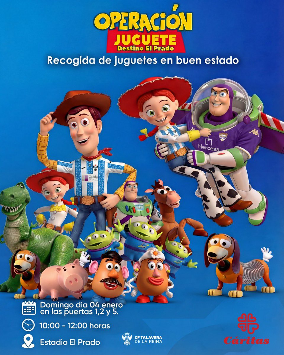 🧸 Para el #CFTalaveraDepor tenemos en marcha una recogida solidaria de juguetes nuevos o en buen estado.

🎁 Puedes dejar tus donaciones en las Puertas 1, 2 y 5 del estadio El Prado.

❤️ Serán entregadas a <a href="/_CARITAS/">Cáritas Española ✳️</a> para su reparto entre familias necesitadas de Talavera.

🙏🏽