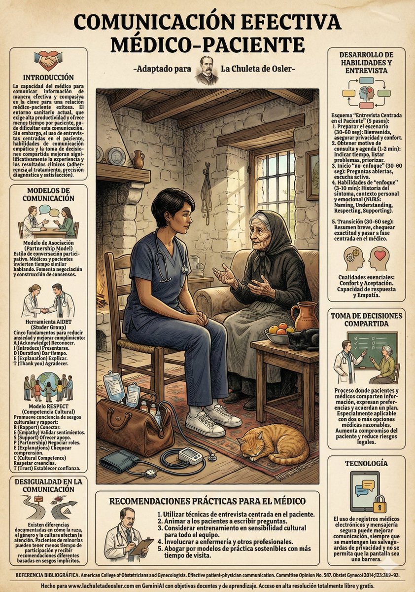 Comunicación médico-paciente, 
debe ser centrada en el paciente, 
asociativa, donde la paciente se exprese
libremente, sin temor a ser juzgada, 
y las decisiones puedan ser compartidas.