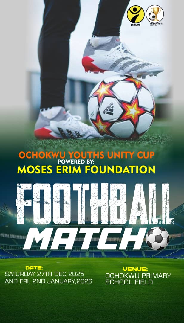 FoundationErim's tweet photo. You're invited to the thrilling finale of the Ochokwu Unity Cup football match tomorrow, January 2nd, 2026!  Join us at Ochokwu Primary School Field and cheer on your favorite team as they battle it out for the top spot.
#HumanityFirs https://t.co/yjou43j81n