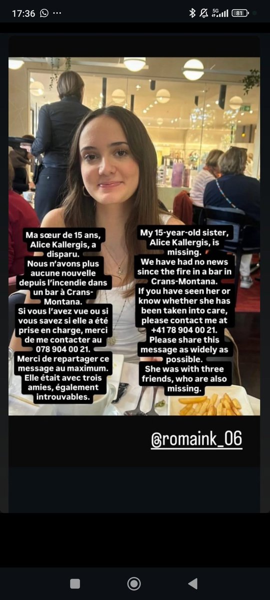 meubleenbous's tweet image. ⚠️⚠️ APPEL À TÉMOINS ⚠️⚠️
Il y a eu un grave INCENDIE au bar Constellation à Crans Montana en VALAIS (Suisse). Beaucoup de personnes sont portées disparues, je vous mets ici les quelques appels à témoins que j'ai pu récolter, hésitez pas à vérifier si vous avez vu ces gens et