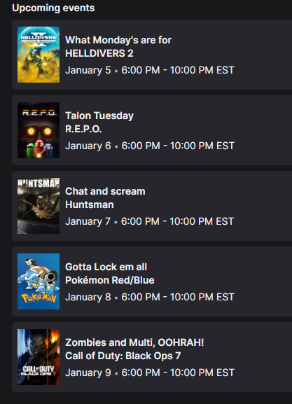 TheAEagle231's tweet photo. HELLO EVERYBODY, This is the schedule for next week on twitch so be sure to drop by, drop a follow and hang out with us when the days come, I'll see you there!! Also make sure to join the Discord Server of the Eagle's Flock! Link expires in 7 days!
https://t.co/h7DoREA32W https://t.co/VKcxsAHOpW
