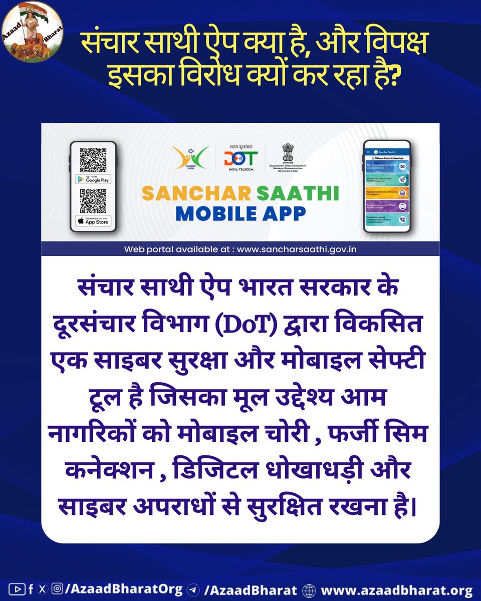संचार साथी ऐप का उद्देश्य मोबाइल उपयोगकर्ताओं को सुरक्षित, जागरूक और सशक्त बनाना है। यह ऐप मोबाइल चोरी, फर्जी कनेक्शन और साइबर अपराधों पर प्रभावी नियंत्रण लगाने में सफल रहा है। पूरी पोस्ट पढ़े 👉🏻azaadbharat.org/?p=13648