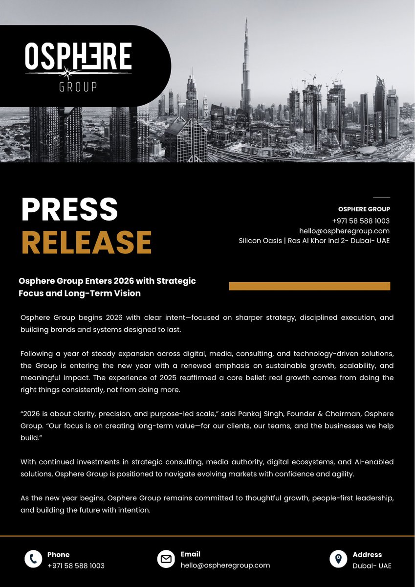 Ospheregroup's tweet photo. 2026 begins with intention.
Osphere Group enters the year with sharper strategy, disciplined execution, and a focus on building brands that last.

#OsphereGroup #2026 #Leadership #BuildToLast https://t.co/wX1ugFoChw
