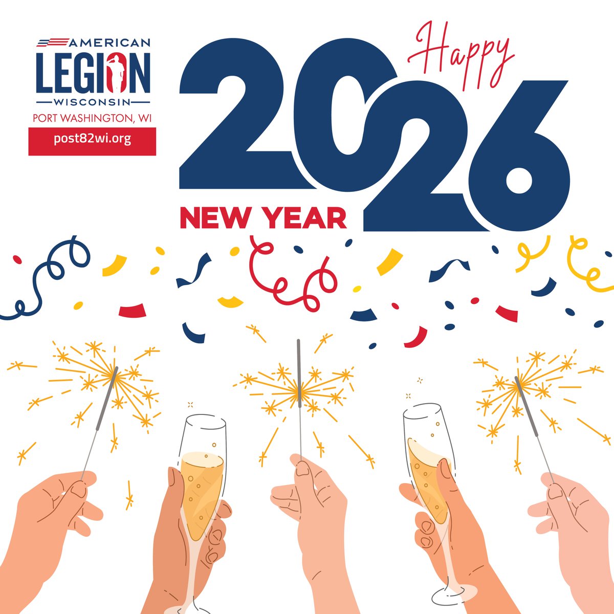 Post82WI's tweet photo. As we welcome the New Year, American Legion Post 82 extends our heartfelt thanks to our community. Here’s to health, hope, and continued service in the year ahead. 🇺🇸✨ https://t.co/DKcQ9LNL3y