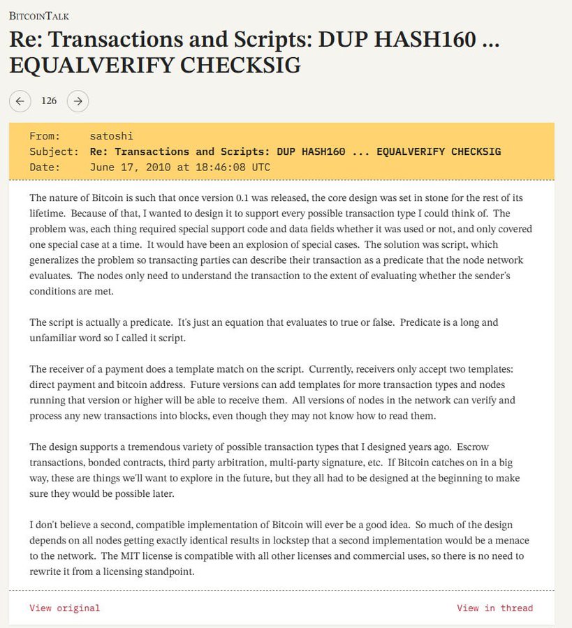 Repeat after me:

"The script is actually a predicate. It's just an equation that evaluates to true or false. Predicate is a long and unfamiliar word so I called it a script."

16 years later &amp; <a href="/ModulusZK/">Modulus</a> is bringing predicates, back... to Bitcoin.

#ModulusisMath