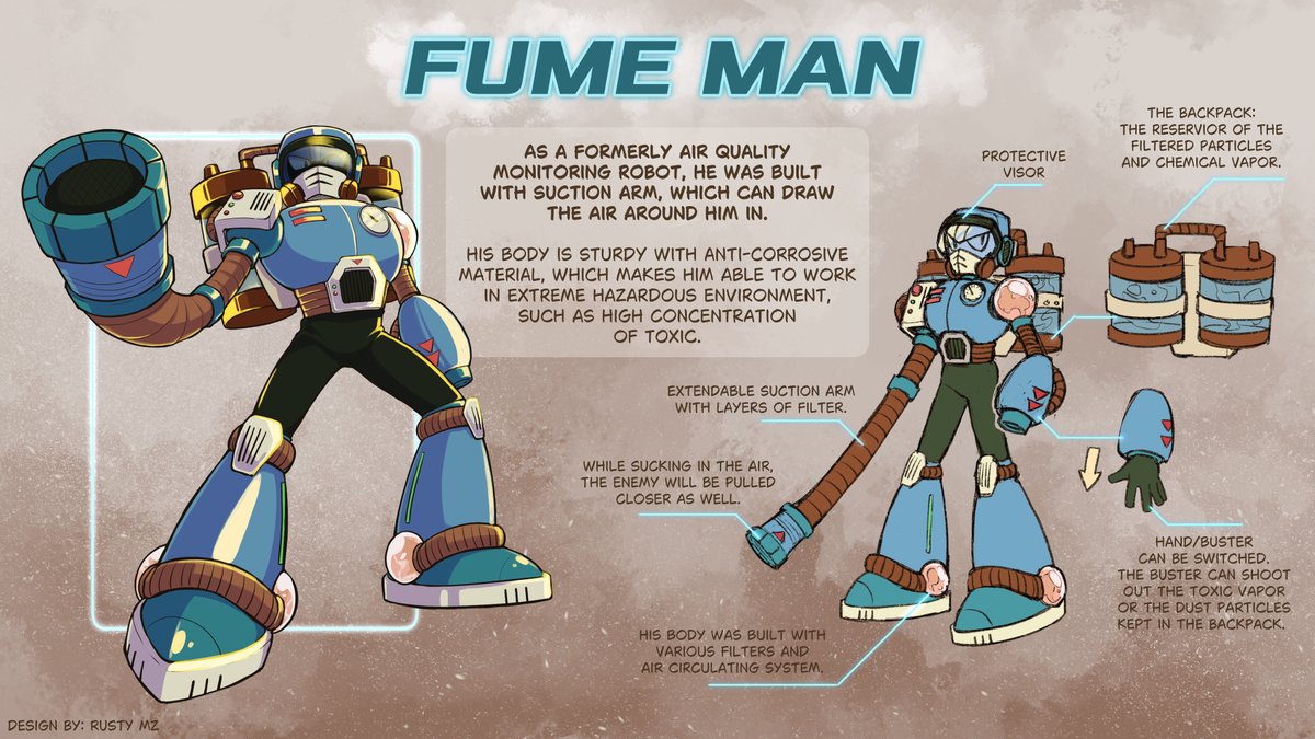 ShdwMz's tweet photo. Robot Master Design - Fume Man

With the air filtering and circulating system in his body, he can extract particles and corrosive vapor from the polluted environment and use them against his enemy.

Pen name: Rusty MZ

#MegaManDO #DesignARobotMaster https://t.co/CJwqGMaRK6