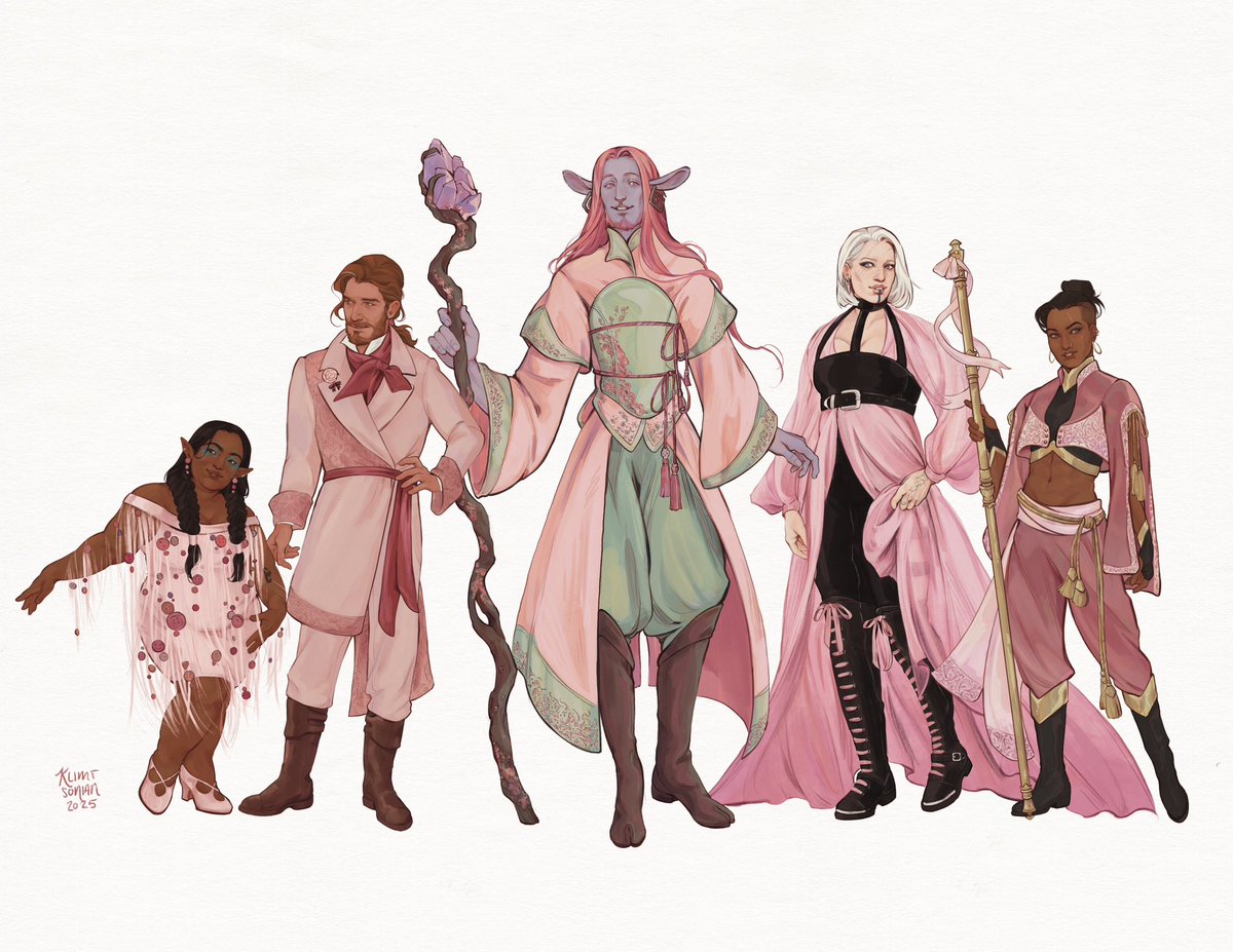 Last year I had the awesome honor of designing these looks for the Mighty Nein attending Fjord and Jester’s wedding! It was such a blast getting to draw these characters that I’ve loved for years now — and getting to play with so many shades of pink!! 🌸💕