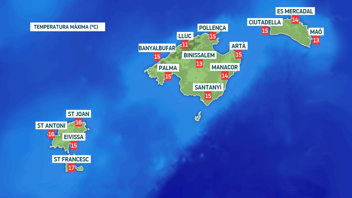 MarcCalfu's tweet photo. Després d'un vespre fred, el termòmetre ha remuntat i els valors màxims s'han situat entre els 14 i 16ºC en general. Per a demà, esperam temperatures màximes que seran més elevades, entre els 15 i 17ºC. https://t.co/D5LsasuyPN