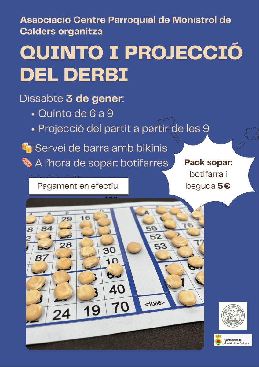 Aquest proper dissabte dia 3 de gener teniu sessió de quinto a les 6 i a les 9 derbi #EspanyolBarca amb sopar de botifarra. Al pavelló.