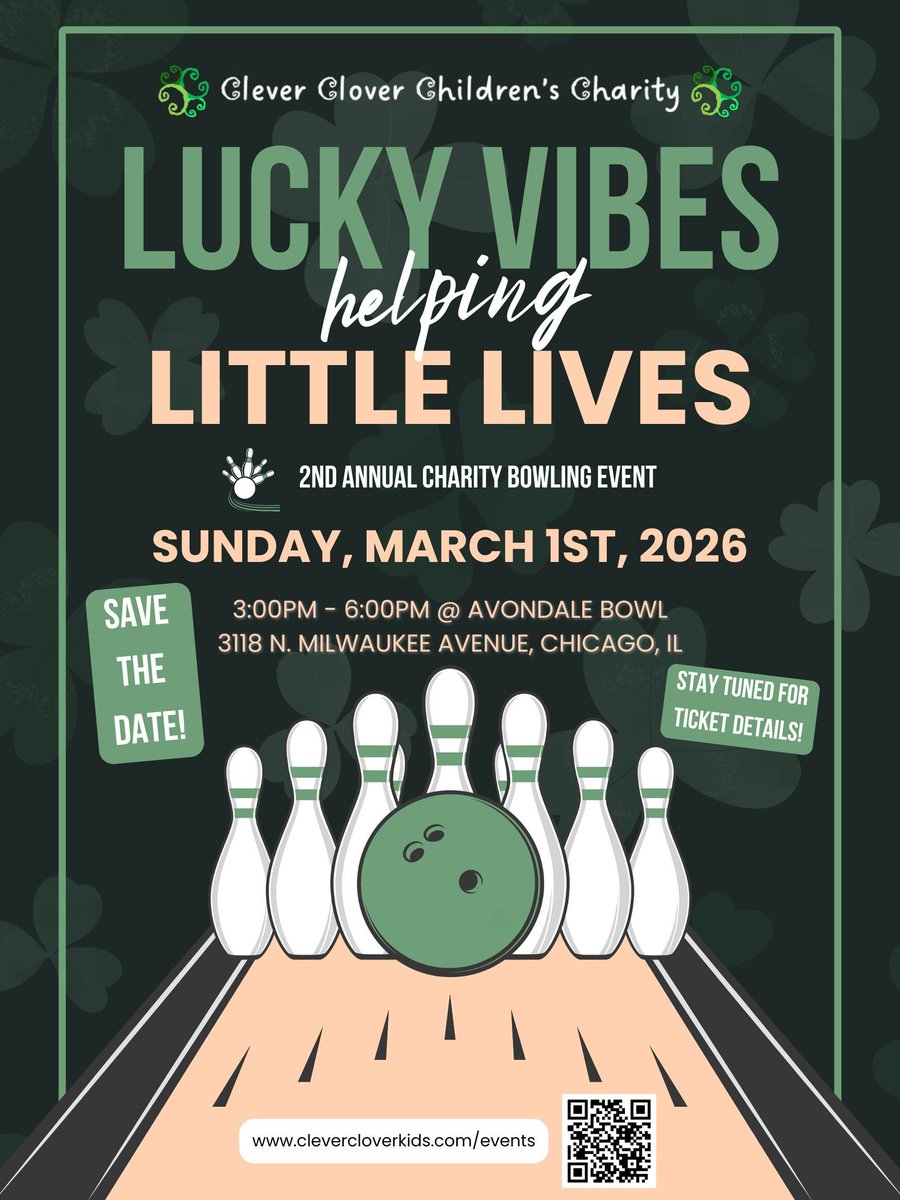 clevercloverNFP's tweet photo. 🎳 Save the Date! Only 2 months away from our 2nd Annual Lucky Vibes Helping Little Lives charity bowling event!
📅 Sun, March 1, 2026 | 3–6 PM
📍 Avondale Bowl, Chicago

Tickets coming soon! Follow us &amp; stay tuned: https://t.co/iLYpHt7svL
#LuckyVibes #CleverClover https://t.co/bJ6eCeop86