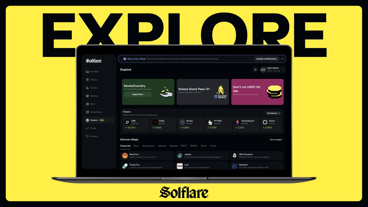 solflare's tweet image. Explore is THE spot inside Solflare where you can:

- Browse 80+ verified dApps
- Catch breaking Solana news ( @SolanaFloor)
- Spot live promos &amp;amp; campaigns

Basically, it’s Solana’s "FYP'.