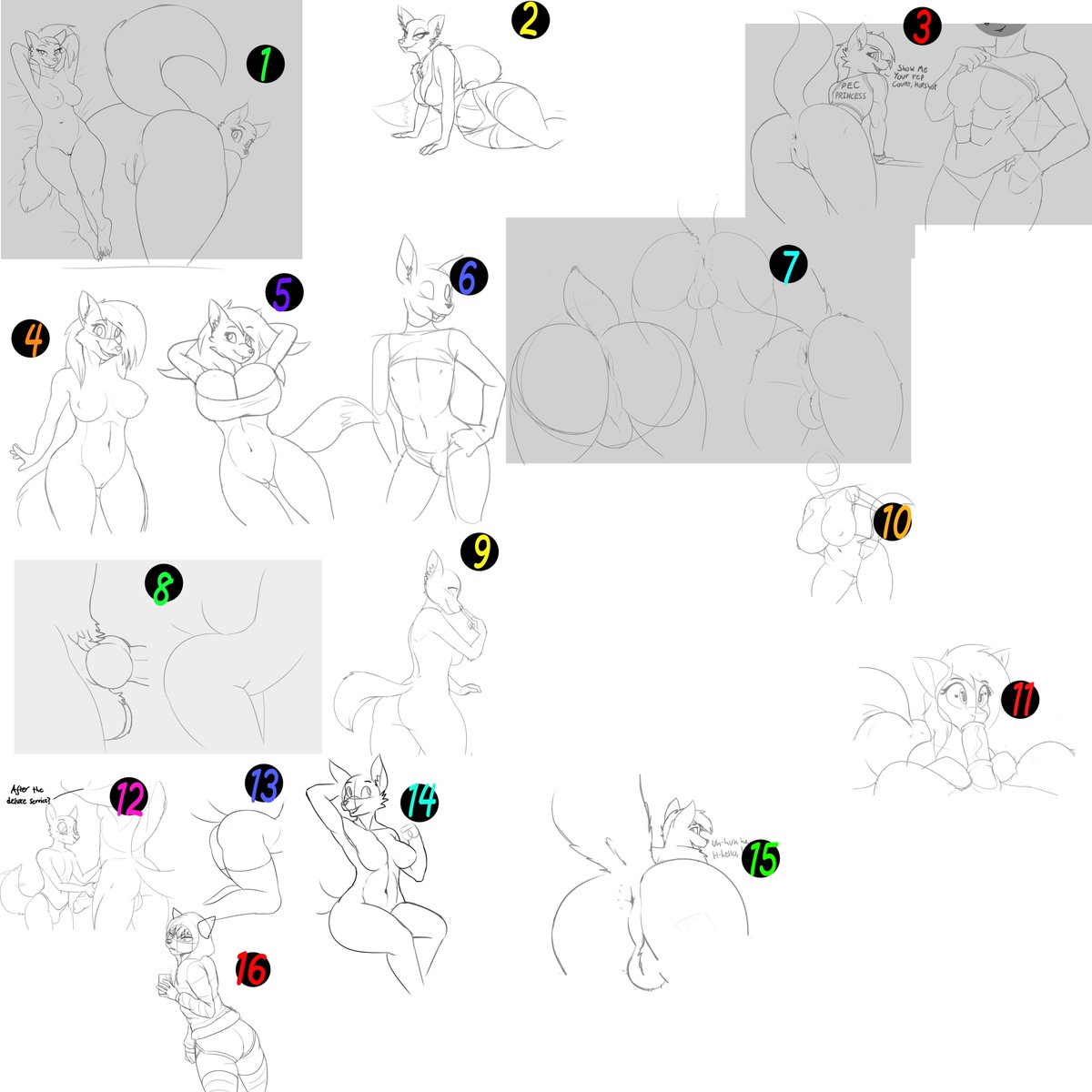booponies's tweet photo. The YCH Grab Bag but FREE  

To start the New Year just RT and comment the colour+number of 3 that interest you most and i will randomly choose the winners!  

They're unused sketches from through the year so they will get some updates. Some maybe with full shading!

♥️♻️ https://t.co/kXWaLtiEQq