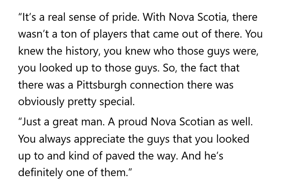 Sidney Crosby offered some thoughts today on fellow Nova Scotian Lowell MacDonald, an All-Star with the Penguins in the 1970s.

Mr. MacDonald died on Sunday at the age of 84: