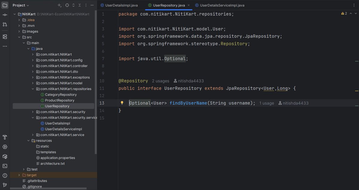 nitish_da's tweet photo. Day 13 🚀

Implemented CustomUserDetails &amp; UserDetailsService in my Spring Boot eCommerce project #NitiKart

🔐 DB-backed authentication
🔑 Role-based security foundation
Java | Spring Security | JWT

#BackendDev #SpringBoot #Java #SpringBoot #LearningInPublic https://t.co/qYd4DfNhkr