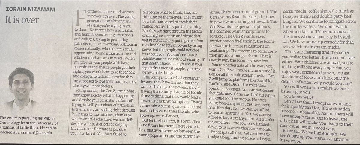 Theunk5555's tweet photo. This article titled "IT IS OVER" was forcefully removed from one of the top Pakistani newspaper The Express Tribune by ISPR. Although such throttling of free speech has only emboldened the growing dissent within Pakistan. Kudos to the writer " ZORAIN NIZAMANI" for speaking up the truth.