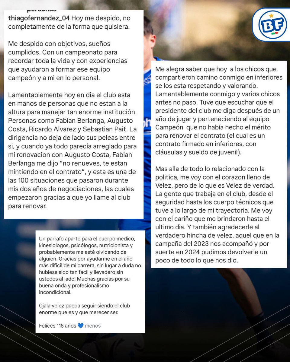 🔥 Thiago Fernández comunicó las razones de su salida del Fortín y DESTROZÓ a la CD de #Velez: 

💬 “Hoy en día el club está en manos de personas que no están a la altura para manejar tan enorme institución”, comentó el 27 en sus redes.

⁉️ ¿Qué opinás?