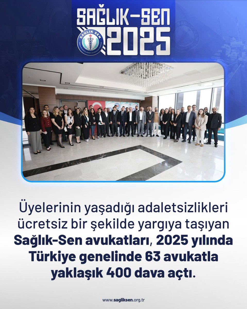 Üyelerinin yaşadığı adaletsizlikleri ücretsiz bir şekilde yargıya taşıyan Sağlık-Sen avukatları, 2025 yılında Türkiye genelinde 63 avukatla yaklaşık 400 dava açtı.

#SağlıkSen2025
#YeniYıl2026
#SağlıkSenDaimaYanınızda
