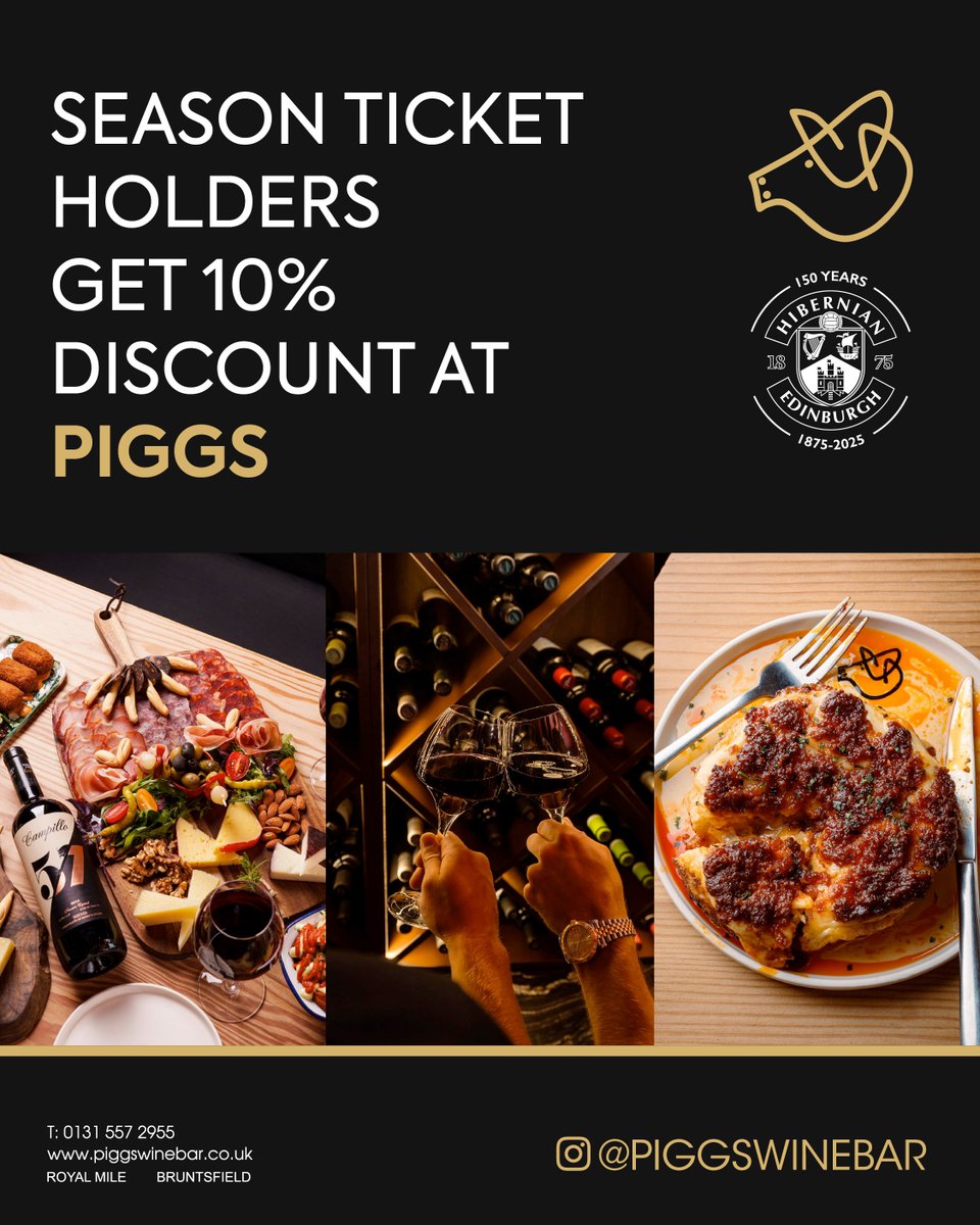 Our friends at PIGGS are offering Hibs Season Ticket Holders a 10% discount on their bill at both their Royal Mile and Bruntsfield venues! 🍷🥩

To redeem the offer, simply quote 'Hibs' when making a reservation and display your Season Ticket card at the venue! 🤝
 
🔗