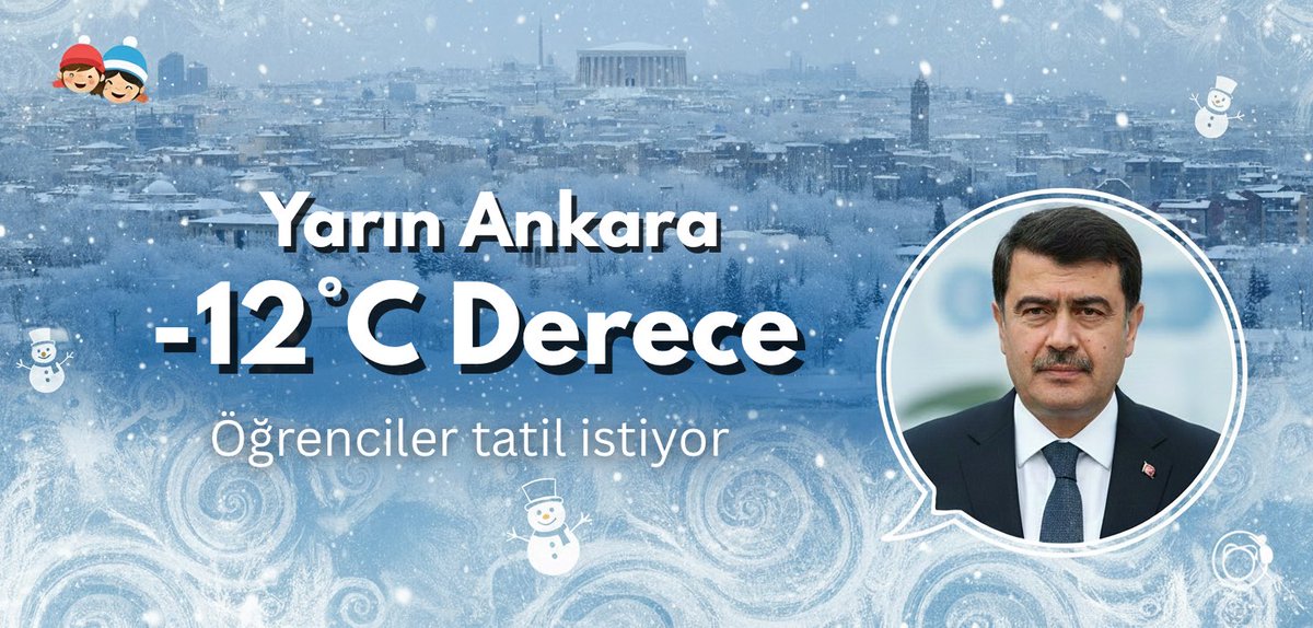 Sayın Valim <a href="/vasipsahin/">Vasip Şahin</a>, Ankara yarın sabah -12 derece gösteriyor. 🥶 

Yollar buz tutacak, okul servisleri zorlanacak… Bir "tatil haberi" geçlerin içini ısıtır.  Müjdeli haberi bekliyoruz! 😊

<a href="/AnkaraValiligi/">T.C. Ankara Valiliği</a> #AnkaraTatilİstiyor #VasipAmcaTatilYap