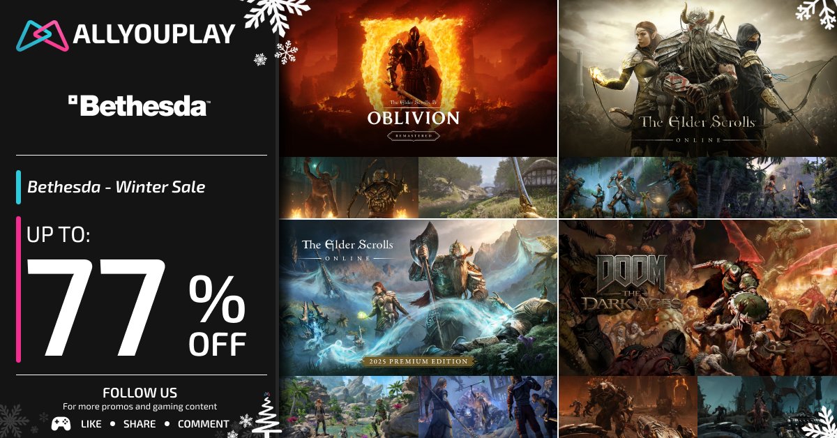ALLYOUPLAY's tweet image. Dive into the legendary worlds of Bethesda with our Winter Sale! ❄️🎮

🔥 Up to 77% OFF on your favorite titles!

• The Elder Scrolls IV: Oblivion Remastered — 33.10€ / 29.99£ / 30.00$
• The Elder Scrolls Online - Standard Edition — 4.45€ / 3.50£
• The Elder Scrolls Online:…