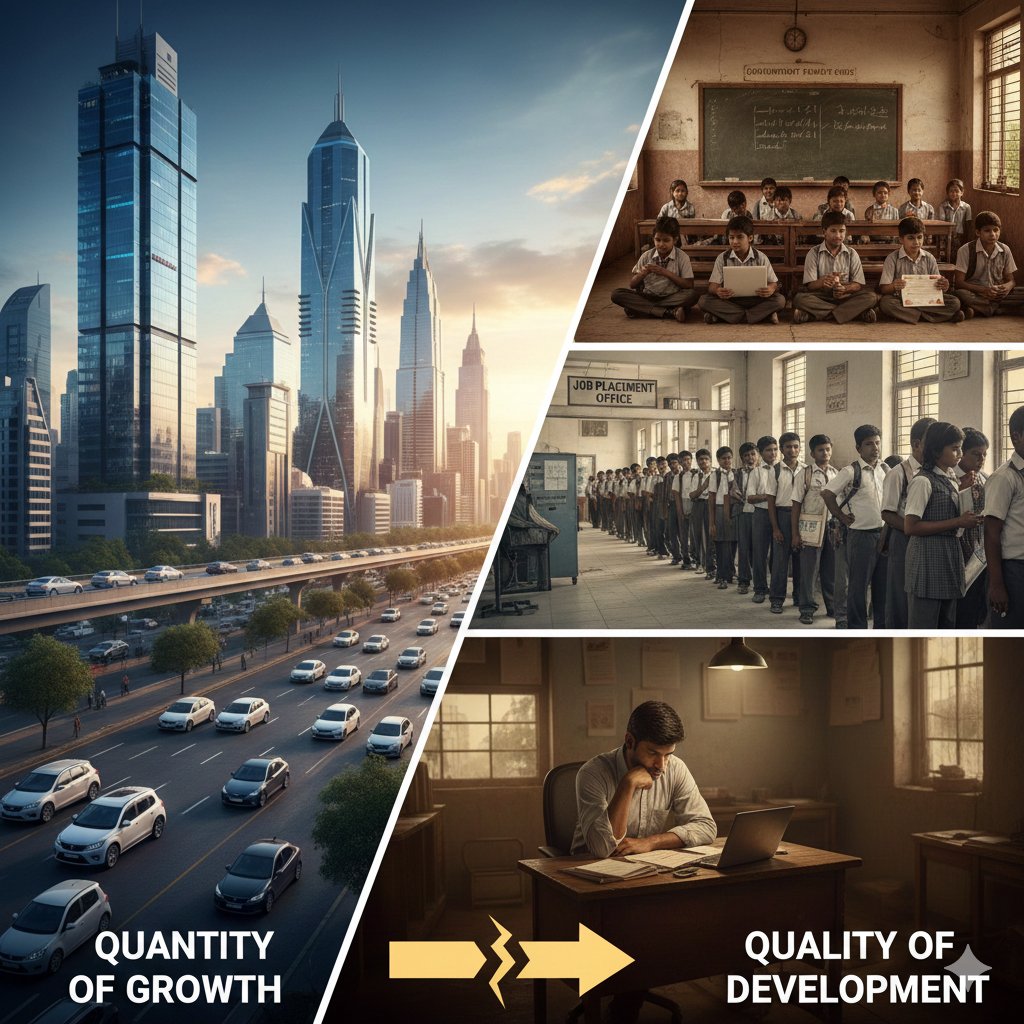 Ki_ranjc's tweet photo. Proud India is the 4th largest economy!🇮🇳 But GDP is just a speedometer (Growth); it doesn't show the side story: the struggle for quality education, jobs, &amp; salary hikes. Speed is useless if the passengers aren't comfortable. 
#gowrthvsdevelopment
#QualityOfLife 
#JobCrisis https://t.co/bkeBZzsDmc