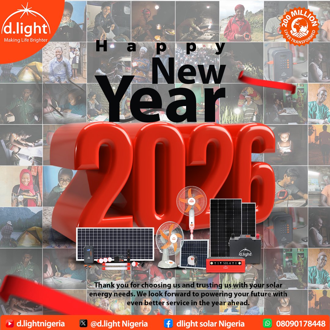 New year. New energy. Same commitment to powering lives.

Happy New Year from all of us at d.light Nigeria! 

#Happynewyear #Hello2026 #dlightNigeria #dlight #Solar #MakingLifeBrighter #Transforming1BillionLives