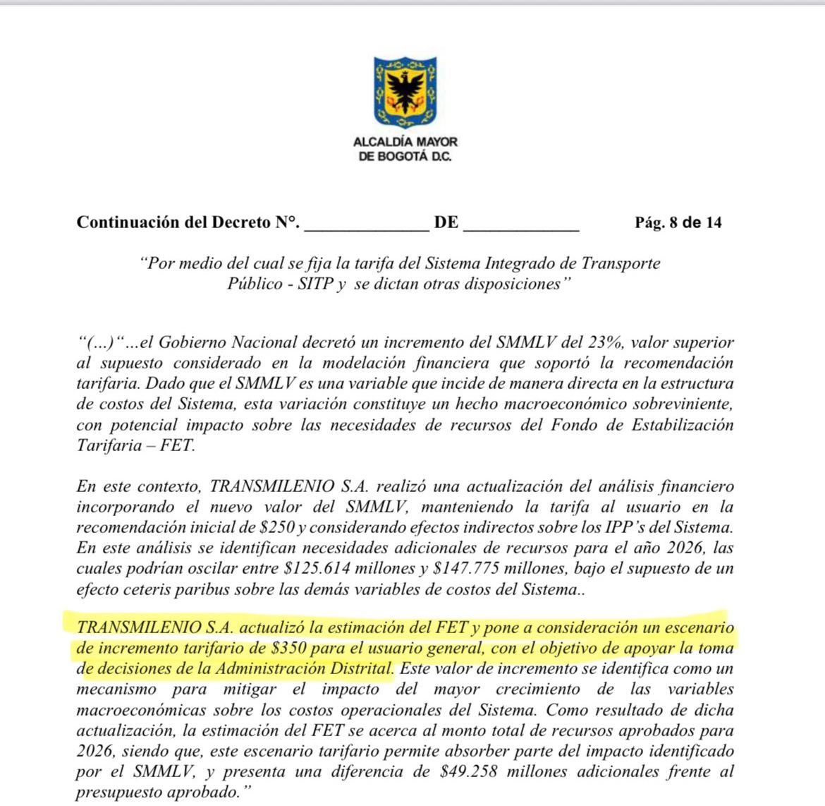 UltimaHoraCR's tweet image. #ATENCIÓN | La Alcaldía de Bogotá expidió un borrador de decreto este 31 de diciembre en el que propone el aumento de la tarifa de Transmilenio de $350 pesos por pasaje, debido al aumento del salario mínimo del 23%.

“Dado que el SMMLV es una variable que incide de manera directa…