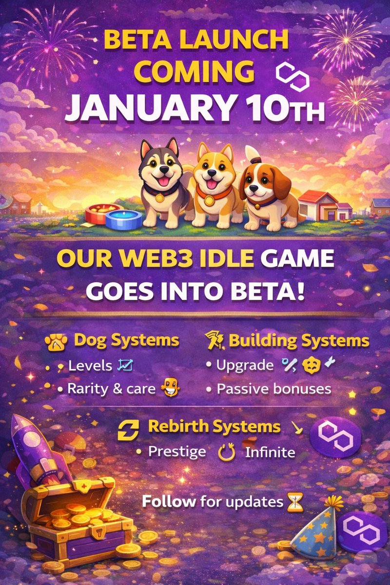 CanilClicker's tweet photo. 🚀 BETA LAUNCH — JANUARY 10 🚀

👤 Follow
❤️ Like
🔁 RT

Our Web3 Idle Game officially goes live in beta 🐶🎮

Early players get progression advantages.
Follow &amp; RT to stay early 👀🧬
#Polygon #PolygonGaming #GameFi #Web3Gaming https://t.co/EmpigO6O7k