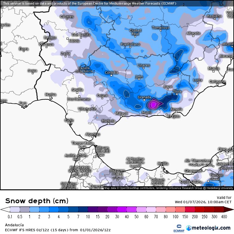 Posible episodio de nevadas en la provincia de Málaga entre el martes y miércoles con nevadas a partir de unos 300 - 400 metros. 🌨️🌨️🌨️🌨️🌨️☃️☃️☃️⛄🥶❄️🤩
