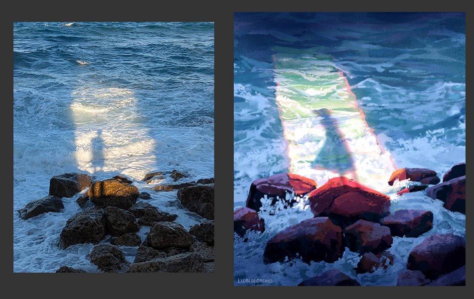 Lilblueorchid's tweet image. Photo reference vs the painting

2025 was also realizing I should pay more attention to my surrounding, otherwise I might have missed that beautiful light phenomenon