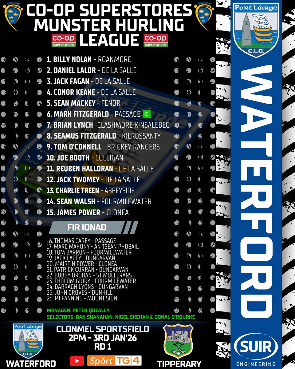 Waterford 🥎 take on Tipperary in the Co-Op Superstores <a href="/MunsterGAA/">Munster GAA / Comhairle na Mumhan</a> Senior Hurling this Saturday at Clonmel Sportsfield.
📅 Jan 3 | 🕑 2PM
🎟️ Tickets: munster.gaa.ie
📺 Watch Live and Exclusive on GAA BEO - YouTube Spórt TG4

Ticket Only – No Tap &amp; Go. All supporters