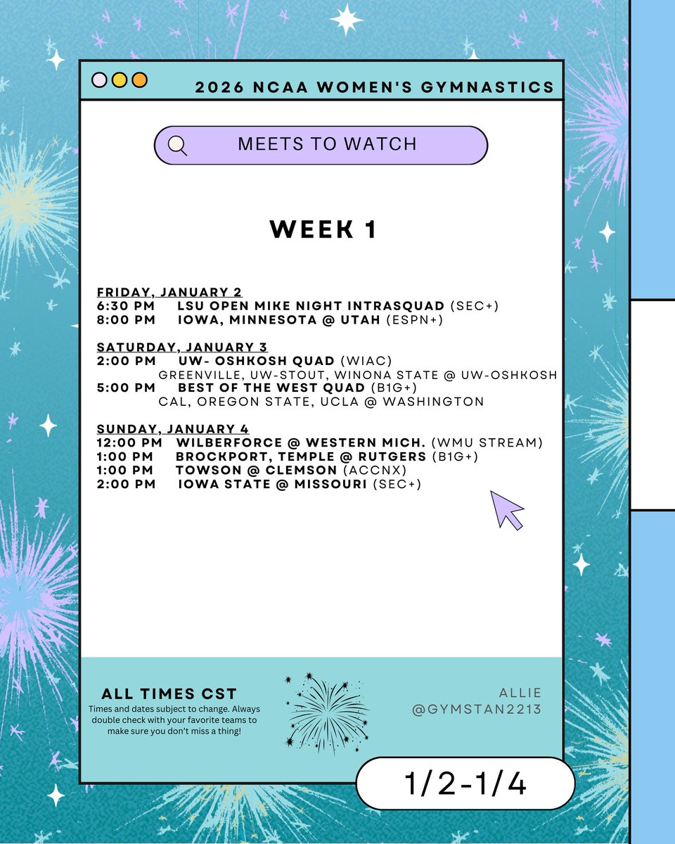 HAPPY GYMNASTICS EVE EVERYONE! 

we’re starting off with a lighter schedule this weekend. next week, things will really pick up! I’m excited for another season of sharing my fun little graphics with you all 🩷  #ncaagymnastics