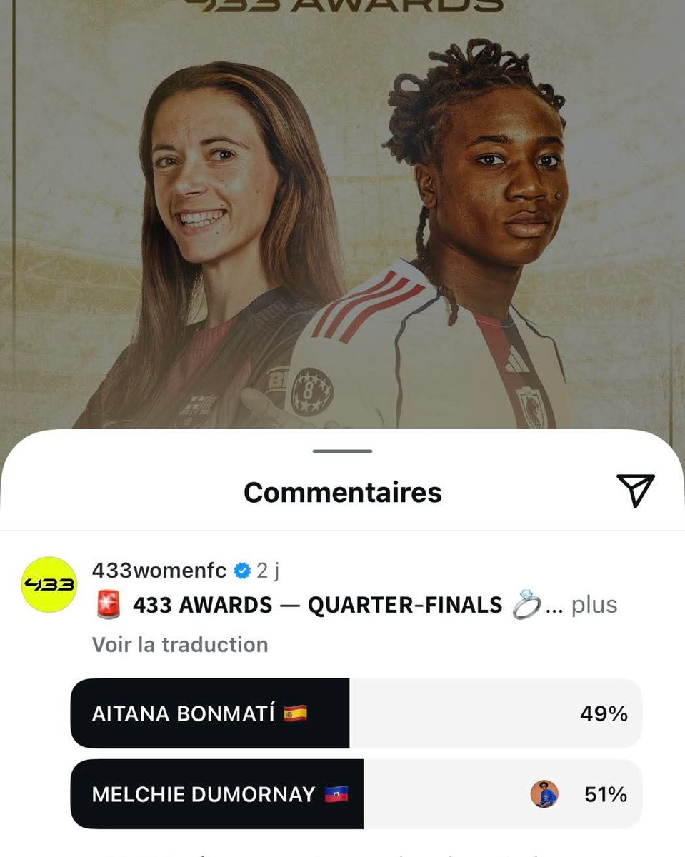 🔴 433 Awards prolonge les votes du quart de finale entre Bonmatí et Corventina jusqu’à demain matin !

Continuez à soutenir la Grenadière 🇭🇹 et à voter ici ➡️ instagram.com/p/DS4-InMiPSF/…