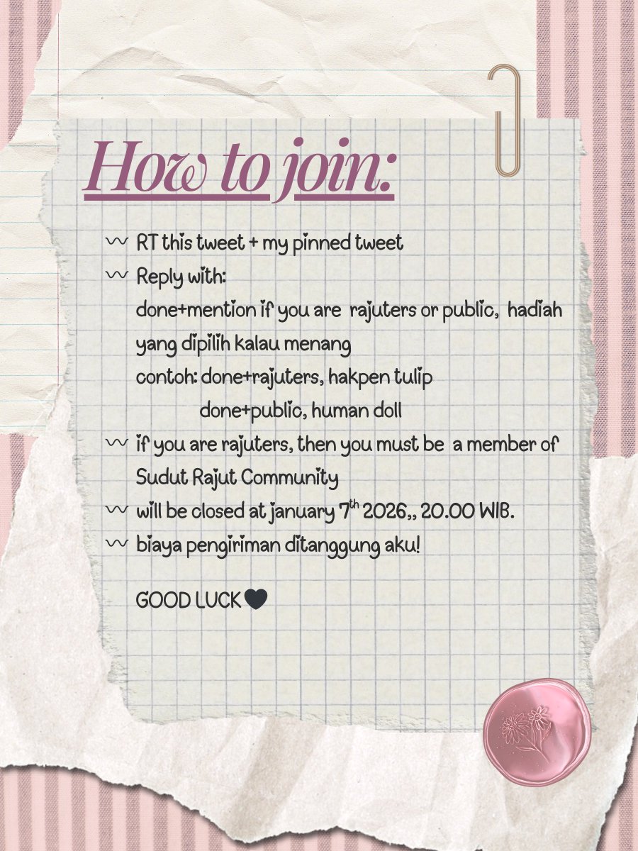 HI.. TERIMA KASIH SUDAH FOLLOW AKUN INI 🥹💗 aku mau giveaway untuk berbagi kebahagiaan <33

🎁 rajuters
• 2 gulung drops muskat
• 1 hakpen tulip/needle knitpro

🎁 public
• 1 human doll worth 170k
• 1 crochet stuff worth 80k

cara join lihat poster di bawah 🤗

notes: 
-