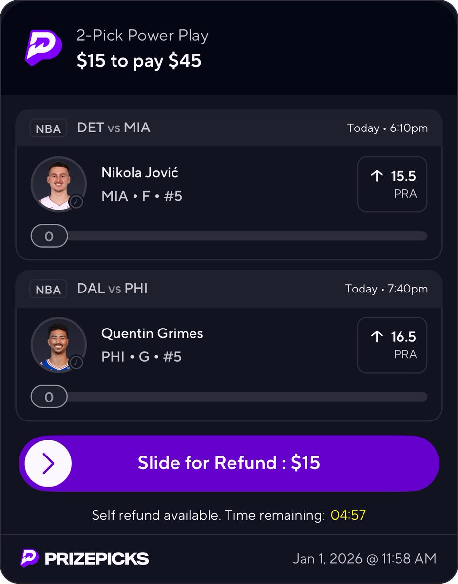 kugs_plays's tweet photo. First NBA Props of 2026 🏀

Grimes O 16.5 PRA
Jovic O 15.5 PRA
Brown O 6 REB
Bam O 11.5 RA

💙 if tailing, $20 to someone if we go 4-0 to start the year 🧹

#gamblingx #sportsbetting #prizepicks #underdog #freeplay #draftkings #fanduel #fliff #sleeper #NBA #NBAProps #NBABets https://t.co/VLFlvGMUG2