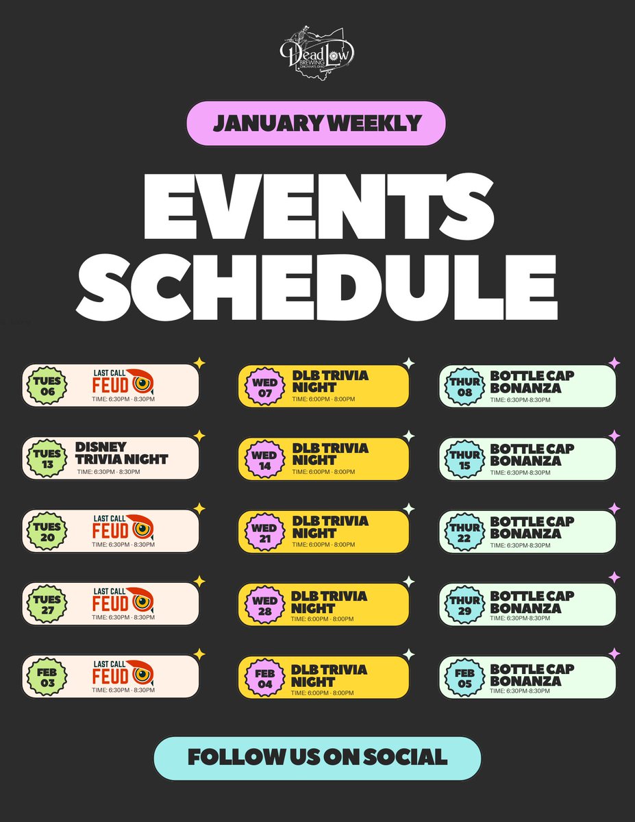January Weekly Events! 

Tuesdays: Feud Night ( Second Tuesday of the month is Disney Trivia Night) 
Wednesdays: DLB Trivia Night
Thursdays: Bottle Cap Bonanza