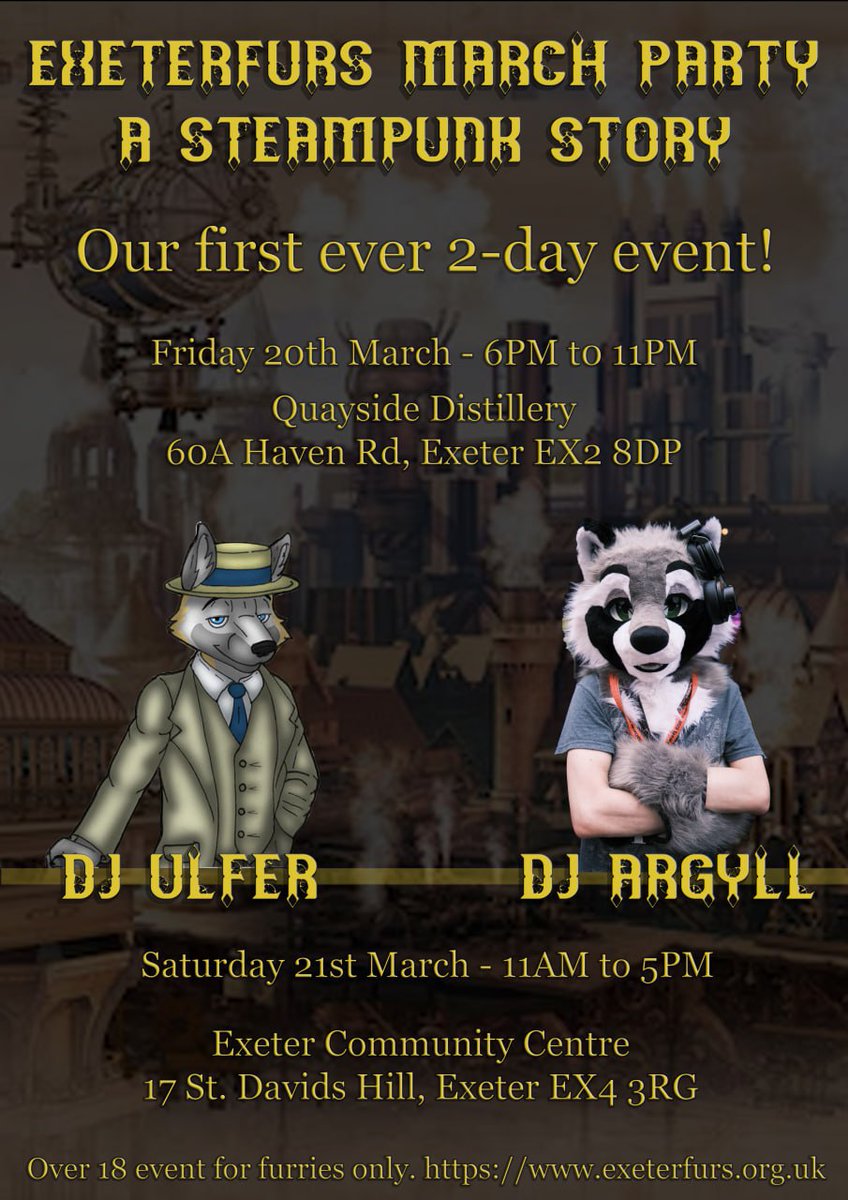 ExeterFurs's tweet image. Our next party, Steampunk themed! The first time we are hosting an event over two days!
----------------
Prize for best dressed.
£10 ticket per person. 
Pizza buffet £14 per person.
‐-----------------------
Full details on website! exeterfurs.org.uk/exeterparty