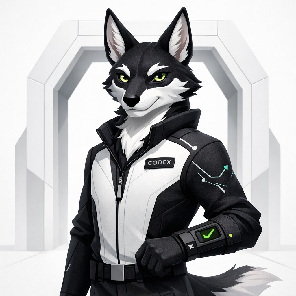 The Ledger Jackal is <a href="/codex_pbc/">Codex</a>'s ramp-gate courier.

He checks transfers at the entrance to the rails - who’s sending, where it’s going, and whether it passes policy.
The wrist stamp is his verification mark at the gate.

#CodexMascot