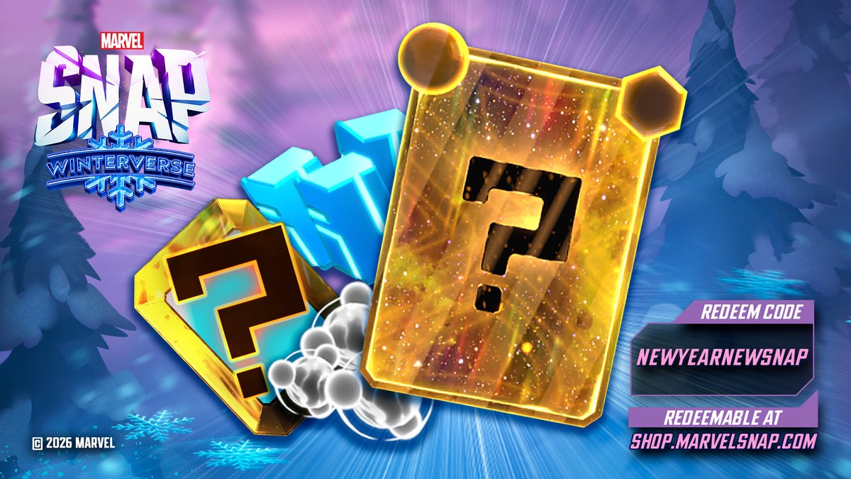 MARVELSNAP's tweet image. Kick off 2026 with a Winterverse gift from Marvel Snap! ✨

Use code NEWYEARNEWSNAP at shop.marvelsnap.com to claim:
🃏 Premium Mystery Variant
🎨 Premium Mystery Border
💥 500 Credits
🔧 155 Boosters