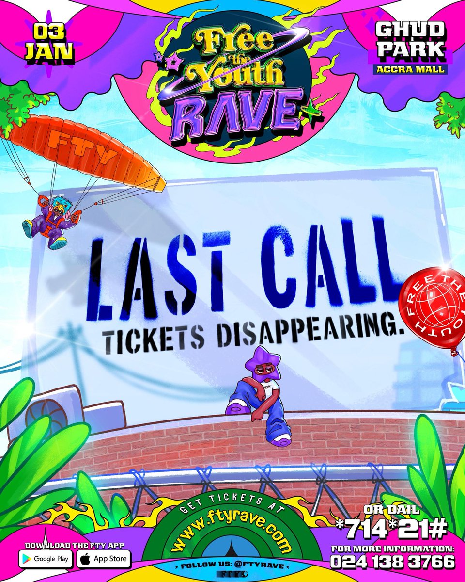 ftyrave's tweet image. TAKE NOTE : LAST CALL FOR TICKETS SALES FOR THE MOST ANTICIPATED @ftyrave THIS SATURDAY AT GHUD PARK ACCRA MALL❤️‍🔥 THIS IS THE ONE YOU DON’T WANT TO MISS ❤️‍🔥

BE THERE 

GET TICKETS AT ftyrave.com OR DIAL *714*21#

#FreeTheYouth #ftyrave #TheRave  #SlamDunk jumpman23