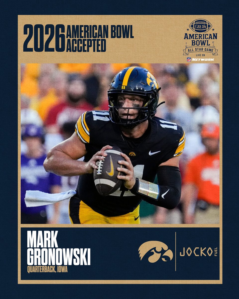 WELCOME TO THE AMERICAN BOWL! 🇺🇸

Mark Gronowski from <a href="/HawkeyeFootball/">Hawkeye Football</a> has officially accepted his invitation to the 2026 American Bowl, where the nation’s top senior talent comes together to compete, represent their programs, and honor those who serve.

Next stop: Orlando 🇺🇸🏈