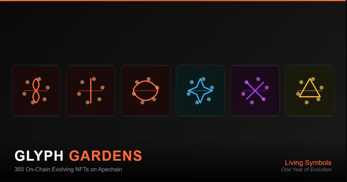 I spent the last 24 hours building something I couldn't stop thinking about.

365 NFTs. One unlocks each day of 2026. Each one grows for an entire year after you mint it.

No off-chain servers. No IPFS. Just code that draws itself, forever.

It's called GLYPH GARDENS.