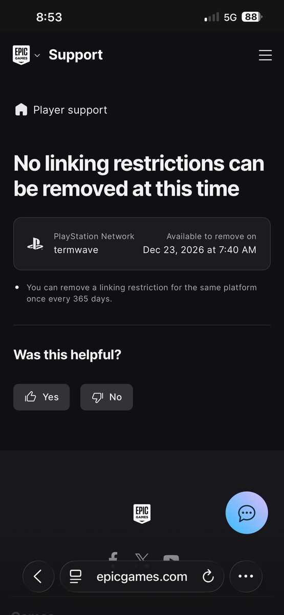 RyanStill8's tweet photo. @darien_men6976 @Fortnite @FortniteStatus I have to wait a full year to get full access to mine because of that linking restriction 😭 https://t.co/1NzxTyW6XH