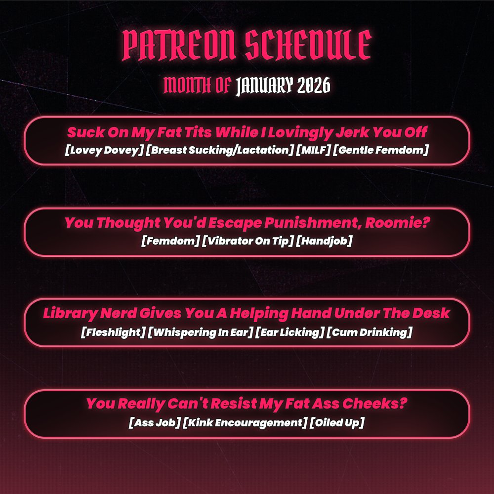 ⏲️𝙅𝘼𝙉𝙐𝘼𝙍𝙔 𝙋𝘼𝙏𝙍𝙀𝙊𝙉 𝘼𝙐𝘿𝙄𝙊 𝙎𝘾𝙃𝙀𝘿𝙐𝙇𝙀
lots of lovely audios this month~!! care to listen for yourself? ❤️
patreon.com/SinthyaSanguine